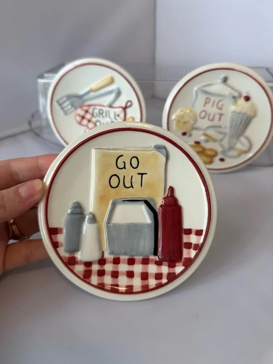 3 Pc MWW Market 4.5" Mini Plate Set Grill/ Pig/Go Out/Take Out -Farmhouse Picnic - Picture 6 of 16